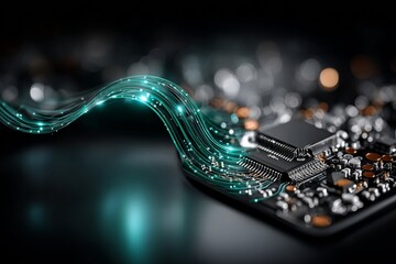 A sleek circuit board with a glowing digital wave, featuring a microchip, perfect for technology, innovation, and futuristic design themes.