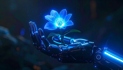A mechanical hand gently cradles a single luminous blue flower, a conceptual vision of technology and nature in perfect harmony