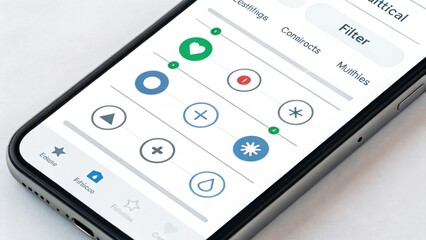 The image shows a mobile app interface featuring various sliders and icons for filtering and adjusting settings.