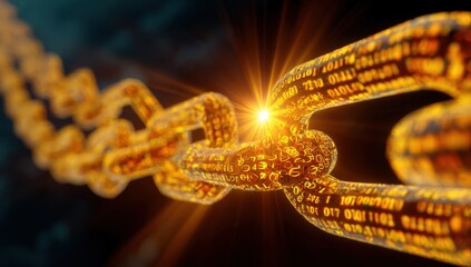 Golden chain links, digitally encoded, with binary code, streaking through dark background