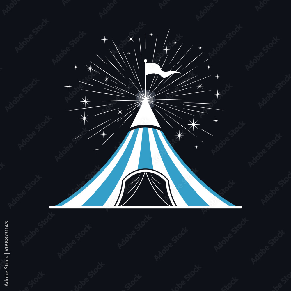 Whimsical big top circus tent under a starry night sky with fireworks ...
