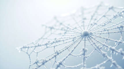 A delicate spiderweb, adorned with glistening frost, creates a mesmerizing winter scene, its intricate design highlighted against a soft, ethereal backdrop