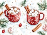 Warm Watercolor Hot Cocoa Mugs with Marshmallows Cinnamon Sticks Peppermint Candies and Pine Branches Christmas Holiday Background