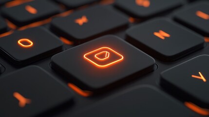 Close-up of glowing orange square button on black keyboard.