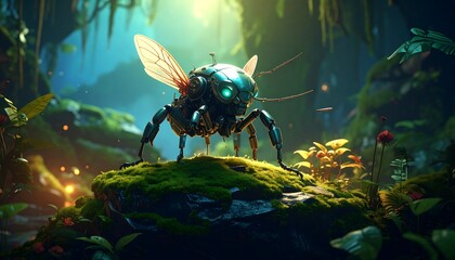 Mechanical insect in jungle setting
