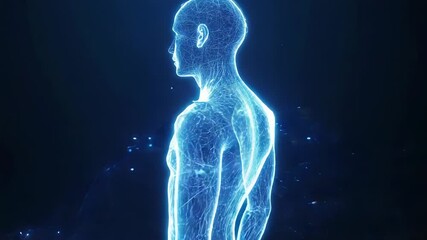 Wall Mural - futuristic wireframe human body glowing on dark background