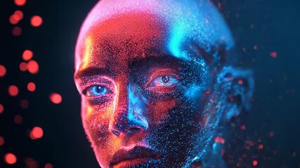 Wall Mural - futuristic woman showing transforming face with digital particles effect