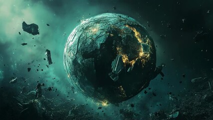 Wall Mural - exploding planet with debris and dust floating in space