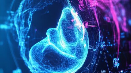 Wall Mural - futuristic wireframe human fetus growing in cyberspace with glowing lines and data flow