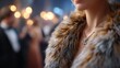 © VISA-3UK - Elegant Fashion: The captivating portrait highlights a woman adorned in luxurious fur, accented by a delicate necklace, amidst a blurred background of an upscale event.