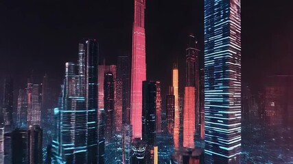 Wall Mural - futuristic city skyline with glowing lights and digital data streams