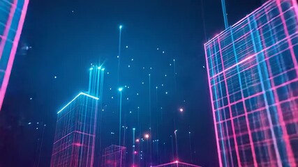 Wall Mural - glowing wireframe buildings rising from grid in futuristic cityscape