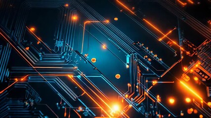 Wall Mural - futuristic circuit board pulsating with orange energy flow