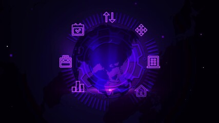 Wall Mural - Futuristic Network Glowing with Circle Tech Icons and Global Map Digital Background