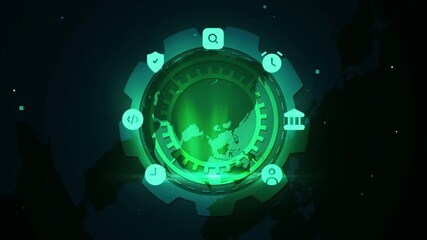 Wall Mural - Futuristic Network Glowing with Circle Tech Icons and Global Map Digital Background