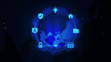 Wall Mural - Futuristic Network Glowing with Circle Tech Icons and Global Map Digital Background