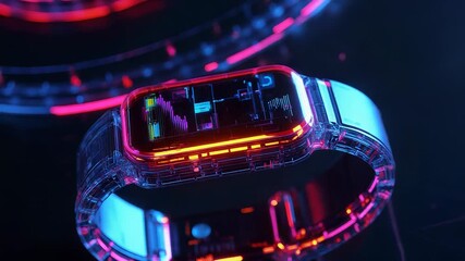 Wall Mural - futuristic transparent smartwatch showing data on dark background