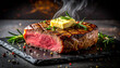 © Gunawan - Succulent medium-rare grilled beef steak with melting butter and rosemary, steaming hot on a dark slate plate for a gourmet culinary experience