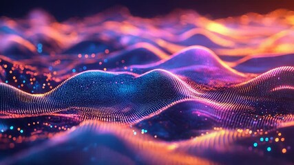 Wall Mural - abstract particles flowing across wavy landscape creating digital terrain