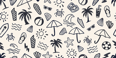 Hand drawn seamless pattern of summer beach vacation icons and symbols
