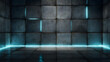 © AN STOCK - Concrete texture wall with thin glowing cyan grid lines, high realism and minimalism
