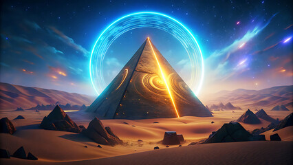 Wall Mural - A surreal glowing pyramid hovering above a midnight desert glowing with radiant starlight