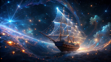 Wall Mural - A surreal ship woven from glowing threads of starlight sailing through cosmic oceans