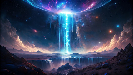 Wall Mural - A surreal waterfall of glowing starlight falling from cosmic cliffs into radiant pool