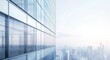 © Luqman - A modern glass office building with a cityscape view. The white sky background creates an atmosphere of success and freedom in business, a panoramic banner. A concept for a corporate presentation or a