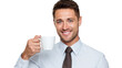 © ittipol - A confident businessman enjoying a cup of coffee, showcasing a positive attitude and a professional appearance, perfect for business concepts and workplace scenarios.