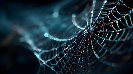 Spider web close-up in corner, empty blurred background for headline