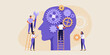 © Juel - Team of people working together to build and repair gears inside a large human head silhouette representing the mind