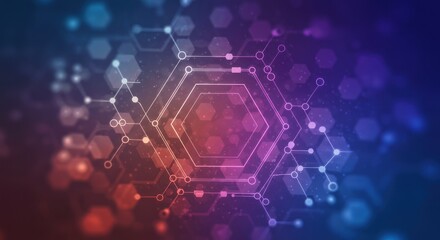 Abstract network background with hexagons and bokeh lights in blue and red tones.