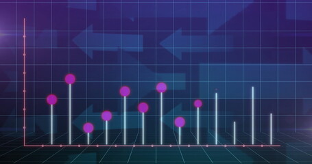 Wall Mural - displaying 3d bar chart on neon grid floor with magenta markers and background arrows