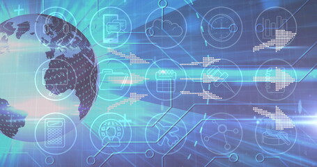 Wall Mural - Displaying pixelated globe with binary overlay on left at data network with tech icons, copy space