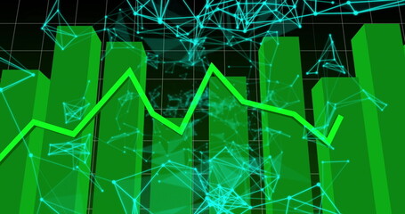 Wall Mural - displaying green data bars on grid in cyberspace, with neon green line graph and cyan mesh