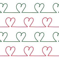 Wall Mural - Seamless pattern of continuous lines in heart shape isolated on white background.Hand drawn doodle lines in red and green repeat pattern for Christmas, Valentine and others.Abstract vector background.