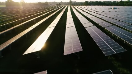 Wall Mural - AI-generated of an aerial view of vast solar panels capturing sunlight on green fields at sunrise