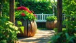 © Lasvu - A cozy garden scene with large wooden planters, blooming flowers, and a white bench surrounded by lush greenery.