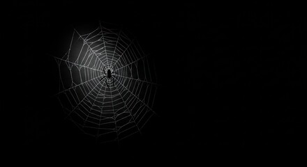 Spider sits in a web against a dark background.