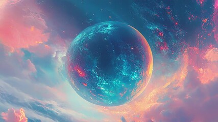 Wall Mural - Colorful planet floating in space with pink and blue nebula clouds