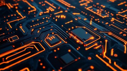 Wall Mural - futuristic circuit board pulsating with orange energy flow