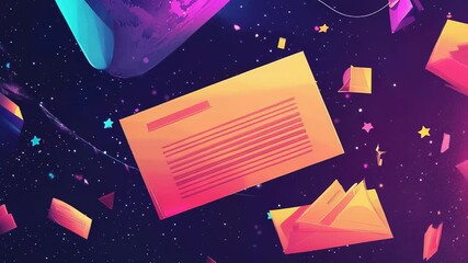 Wall Mural - Documents and geometric shapes floating in space with stars and planets