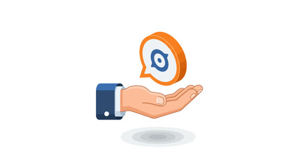 Isometric hand holding digital speech bubble with abstract icon