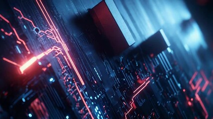 Wall Mural - futuristic motherboard circuitry glowing with red and blue lights