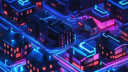 Wall Mural - neon cityscape with glowing buildings and roads at night