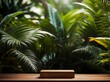 © M.Chowdhury - A minimalist wooden block sits on a wooden surface against a backdrop of lush tropical foliage, creating a natural product display