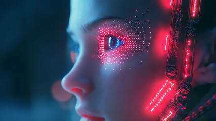 Wall Mural - young woman showing futuristic biometric facial recognition technology