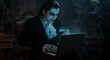 © O - A man dressed as a vampire or Dracula shopping online with a laptop and credit card for Halloween. Online shopping concept.