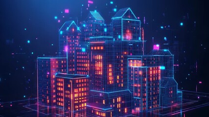 Wall Mural - futuristic smart city emerging from digital grid with glowing lights